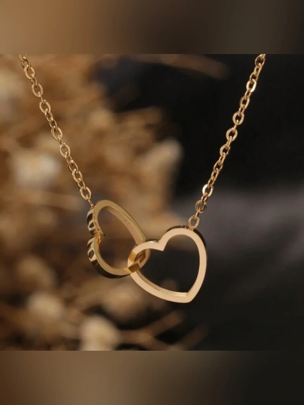 Gold Plated Stainless Steel Double Heart Pendant Necklace